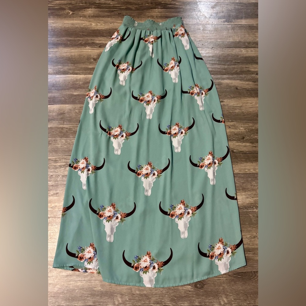 Peach Love California Teal Maxi Skirt with Floral Bull Print